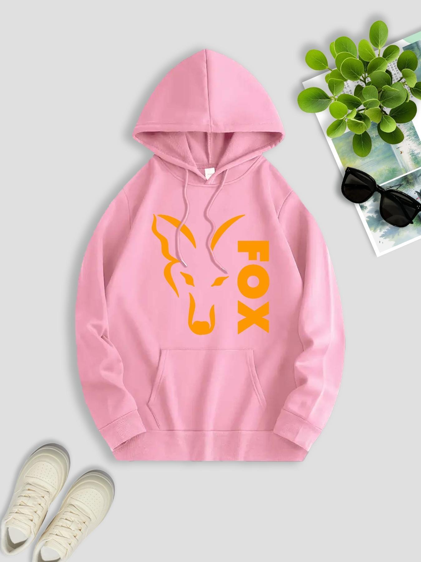 Men's Fall Winter American Streetwear Fox Print Hooded Fleece Sweatshirt, Versatile Sportswear Casual Loose Fit Hoodie