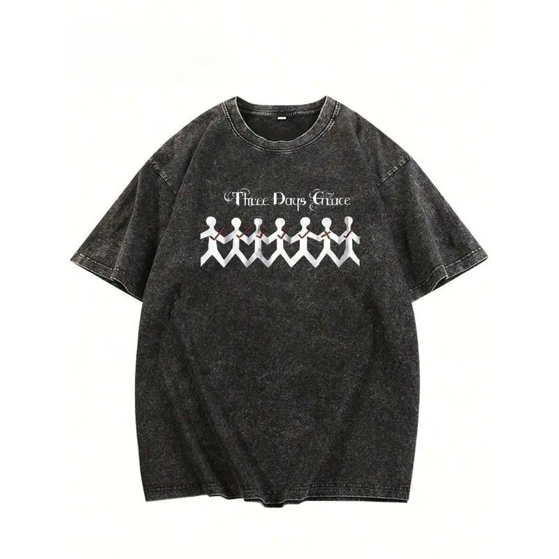 Washed T-Shirt Washed High-Quality Cotton Three Day Grace Print  Off Shoulder Sleeves, Heavy Weight Oversized, 100% Cotton, Washed With Water, Street Style T-Shirt-Breathable & Comfortable, Ideal For Sports & Leisure, Round Neck,Unisex Top