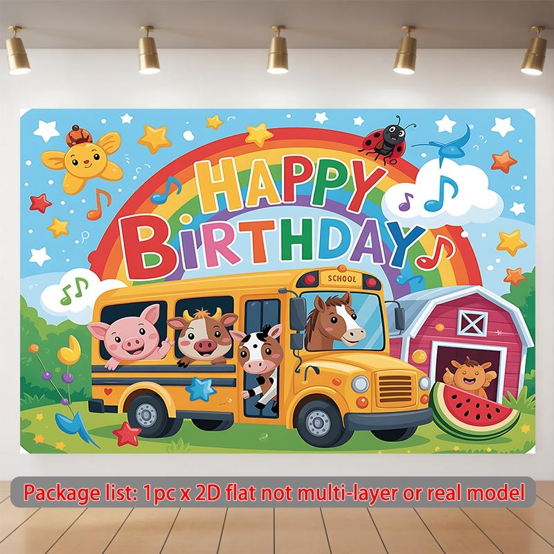 2D flat banner, 1pc Happy birthday with animals bus. Background Decoration Background Photo Props, Polyester Banner Decor, Home Decor, Room Decor, Wall Decor, birthday Party Background Decor, Party Decor/supplies/gifts Decorative Background