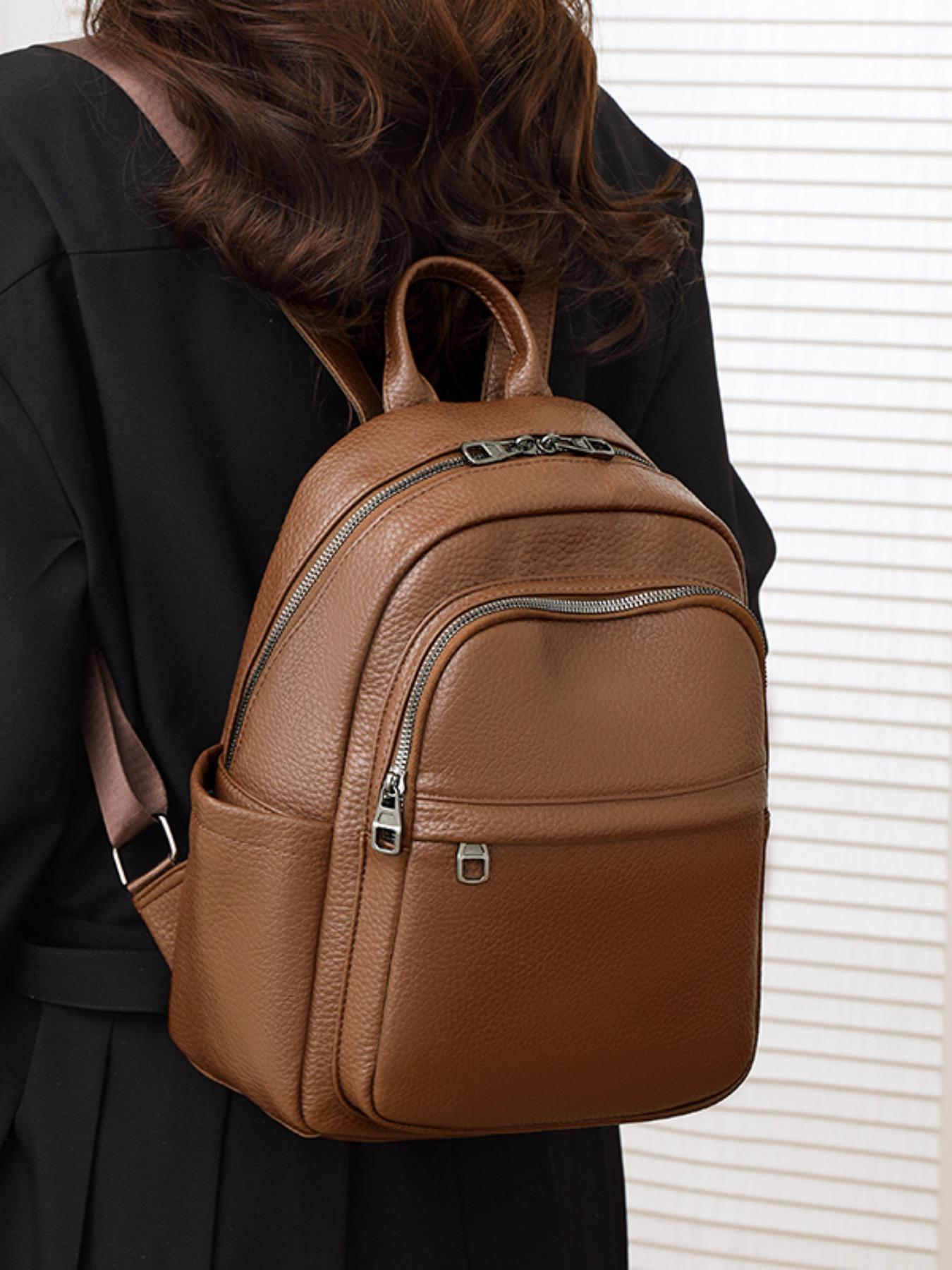 Women's Simple Solid Color Backpack, Multifunctional Travel Bag, Soft Leather Shoulder Bag, Fashionable Casual Bookbag