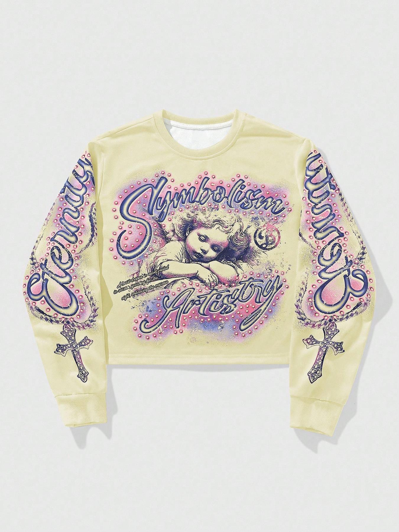 Unisex Streetwear Angel Print Design Sweatshirt, Loose-fitting Casual Long Sleeve Crewneck for Fall & Winter Fashion