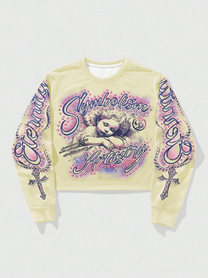 Unisex Streetwear Angel Print Design Sweatshirt, Loose-fitting Casual Long Sleeve Crewneck for Fall & Winter Fashion