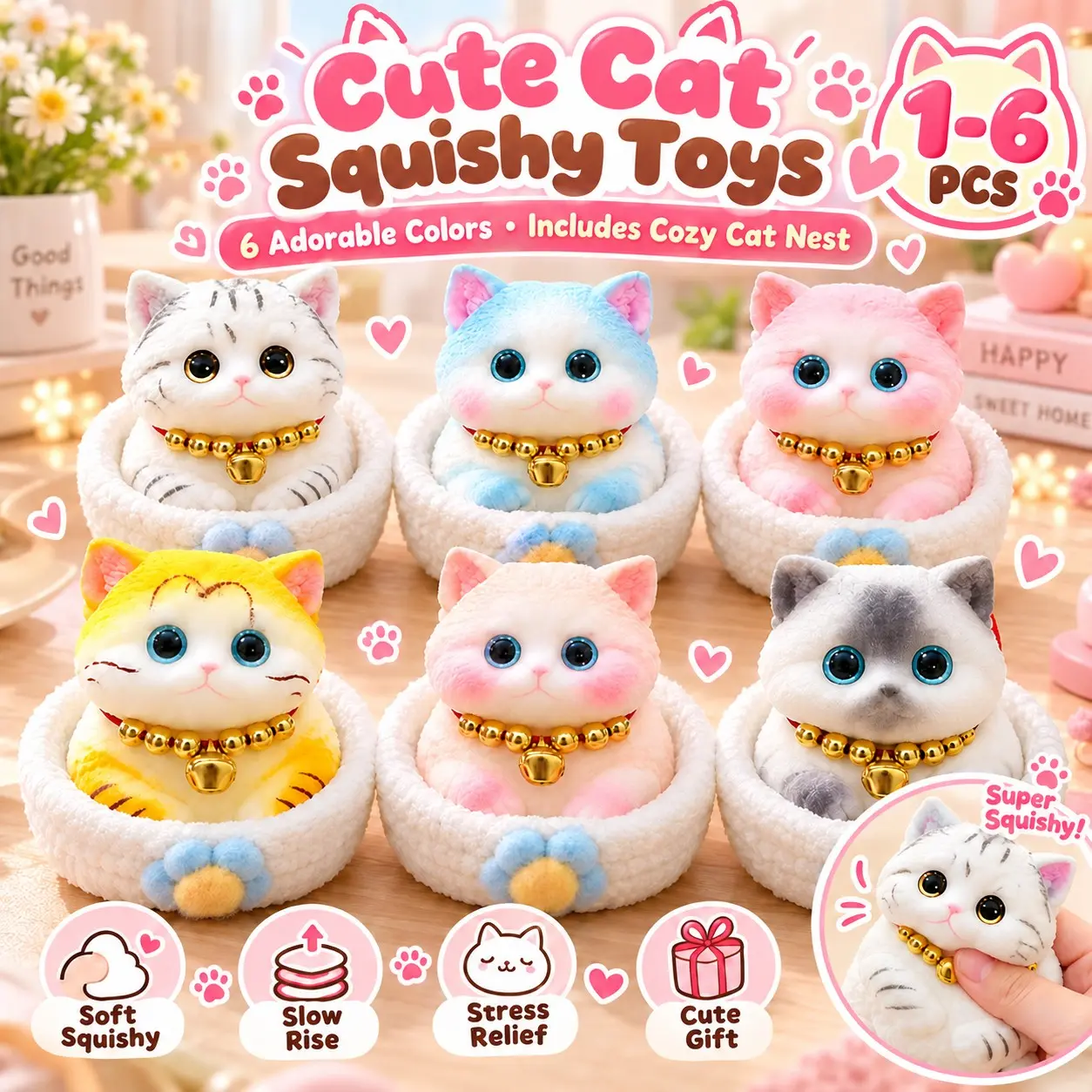 Cute Cat Squishy Toy, Slow Rising Stress Relief Fidget Toy, Soft Kawaii Cat Figure with Cozy Nest, Sensory Gift for Kids and Cat Lovers, Squishy Fidgets