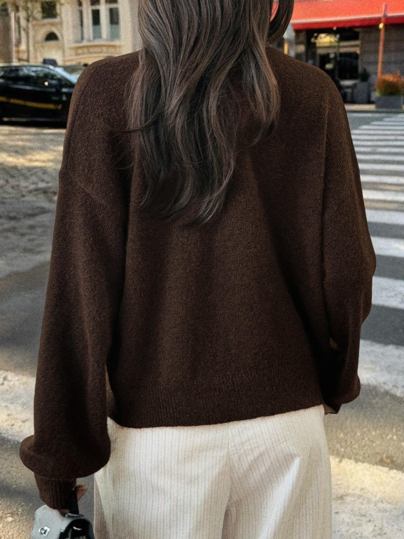 Autumn Winter New Retro Round Neck Solid Color Short Knitted Cardigan, Loose Long Sleeve Button Front Sweater Coat, Casual Daily Wear Women's Top