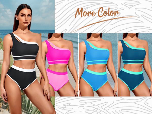 Tempt Me Women One Shoulder High Waisted Bikini Color Block Two Piece Swimsuits Cutout Two Piece Bathing Suit Tummy Control Bikini