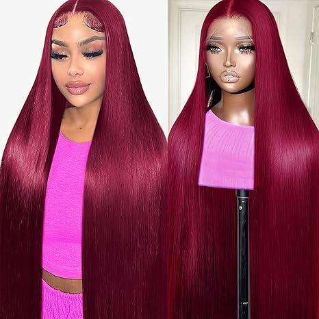 [BB Face] Burgundy 99J Lace Front Wig Straight 13x6 HD Lace Frontal Wig Human Hair For Women Pre Pluched Colored Lace Wig 180% Density