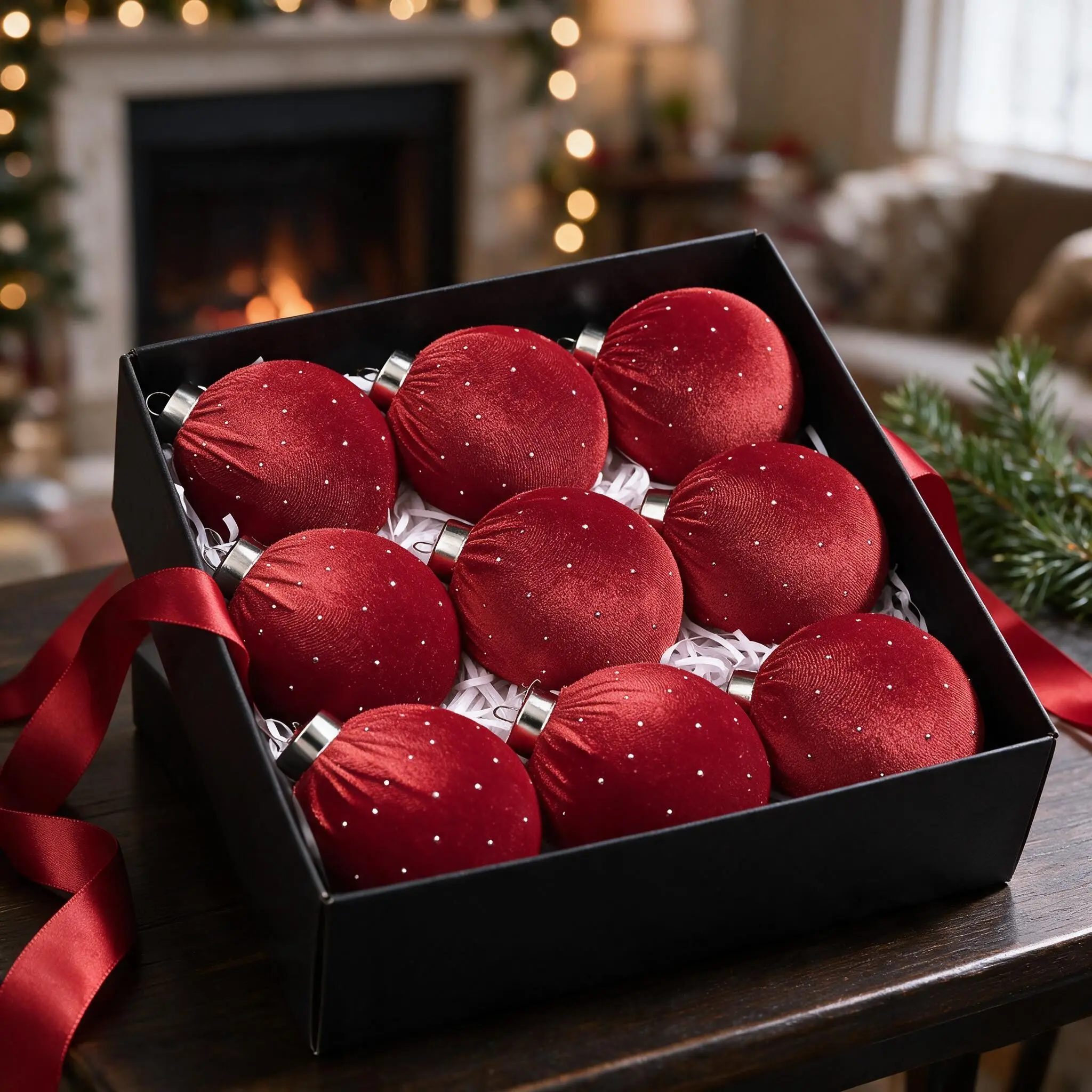 9-Pack 8cm Rhinestone Velvet Christmas Balls, Luxury Vintage Style, Multi-Color, Lightweight, Durable, Perfect for Holiday Decorations