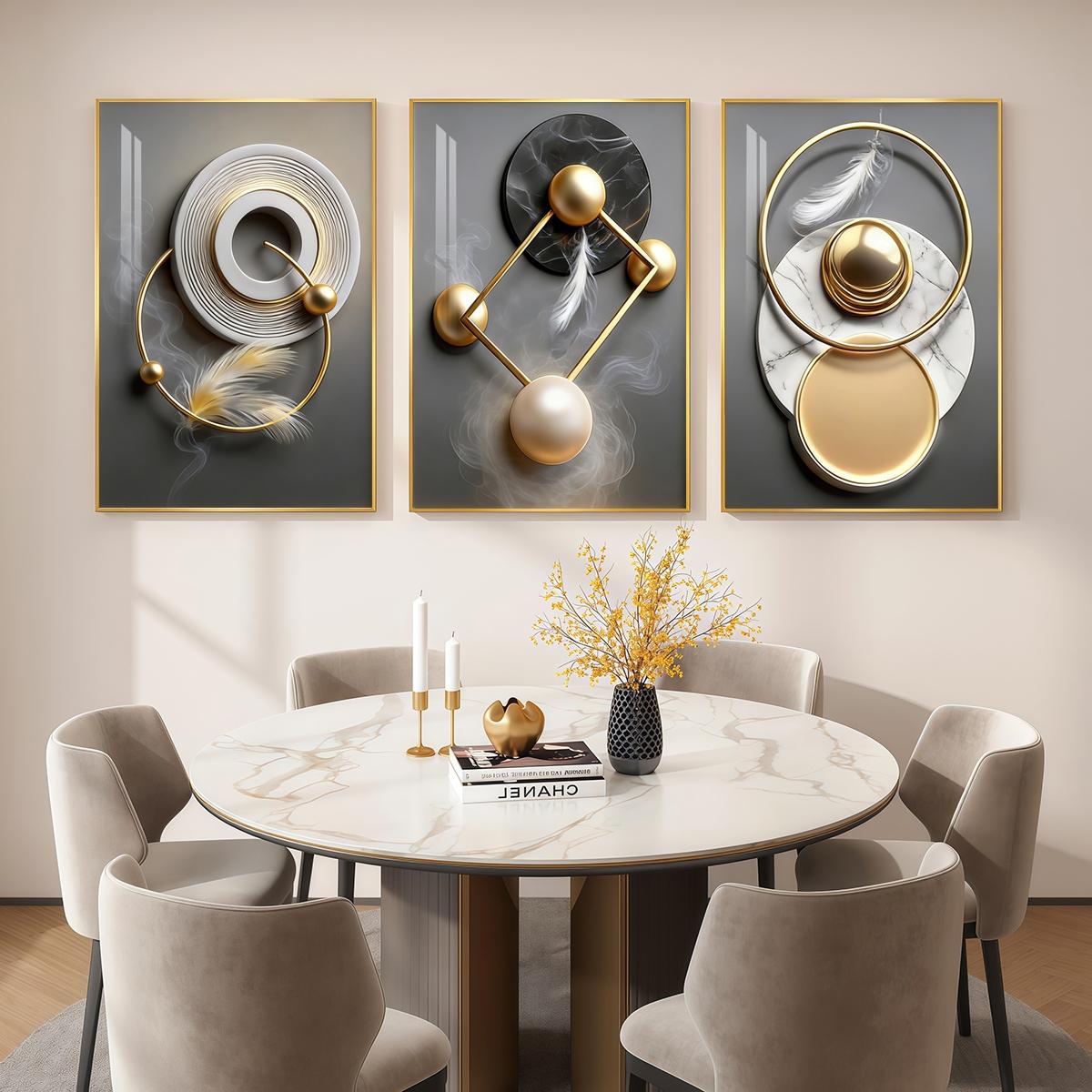 3 Counts Aluminum Alloy Framed Painting, Modern Abstract Geometric Gold And Feather Art Pictures, Home Decoration For Living Room, Bedroom, Office, Restaurant, Hallway Wall Decor, Odorless Print Artwork, Luxury Perfect Gift For Friends And Family