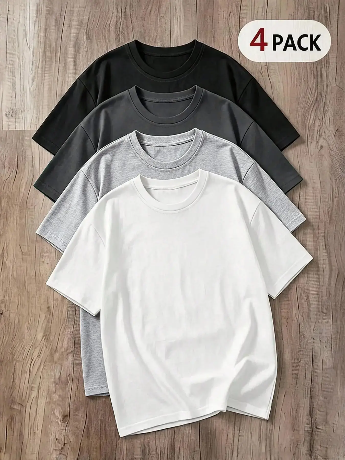 Men's 4 Pack Crew Neck Short Sleeve T-Shirts, Solid Color Basic Plain Tees, Black White Grey Multipack Casual Loose Fit Everyday Wear Summer Tops, Streetwear