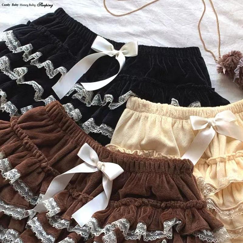 Autumn Winter Warm Lolita Safety Short Pants Women Sweet Chic Plush Bloomers Japanese Y2k Lace Bow Knickers Harajuku Cute Shorts