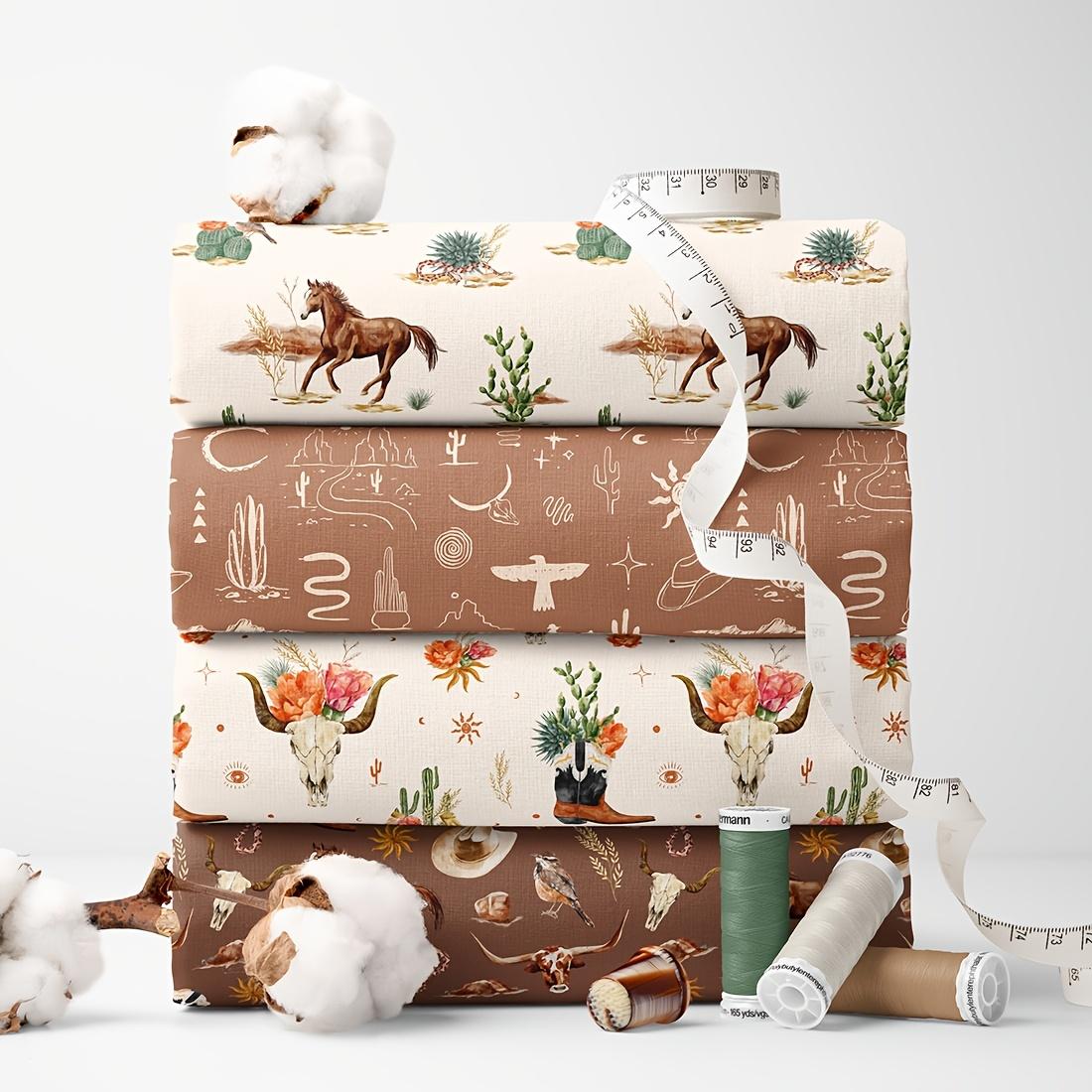 4-Piece Wild West Print Fabric Set - 18x22-inch (55x45 cm) pre-cut Durable Polyester fabric featuring horses, cacti, tropical plants, birds, flowers, and other Western-style elements - Ideal for DIY sewing, scrapbooking, tablecloths, and crafts