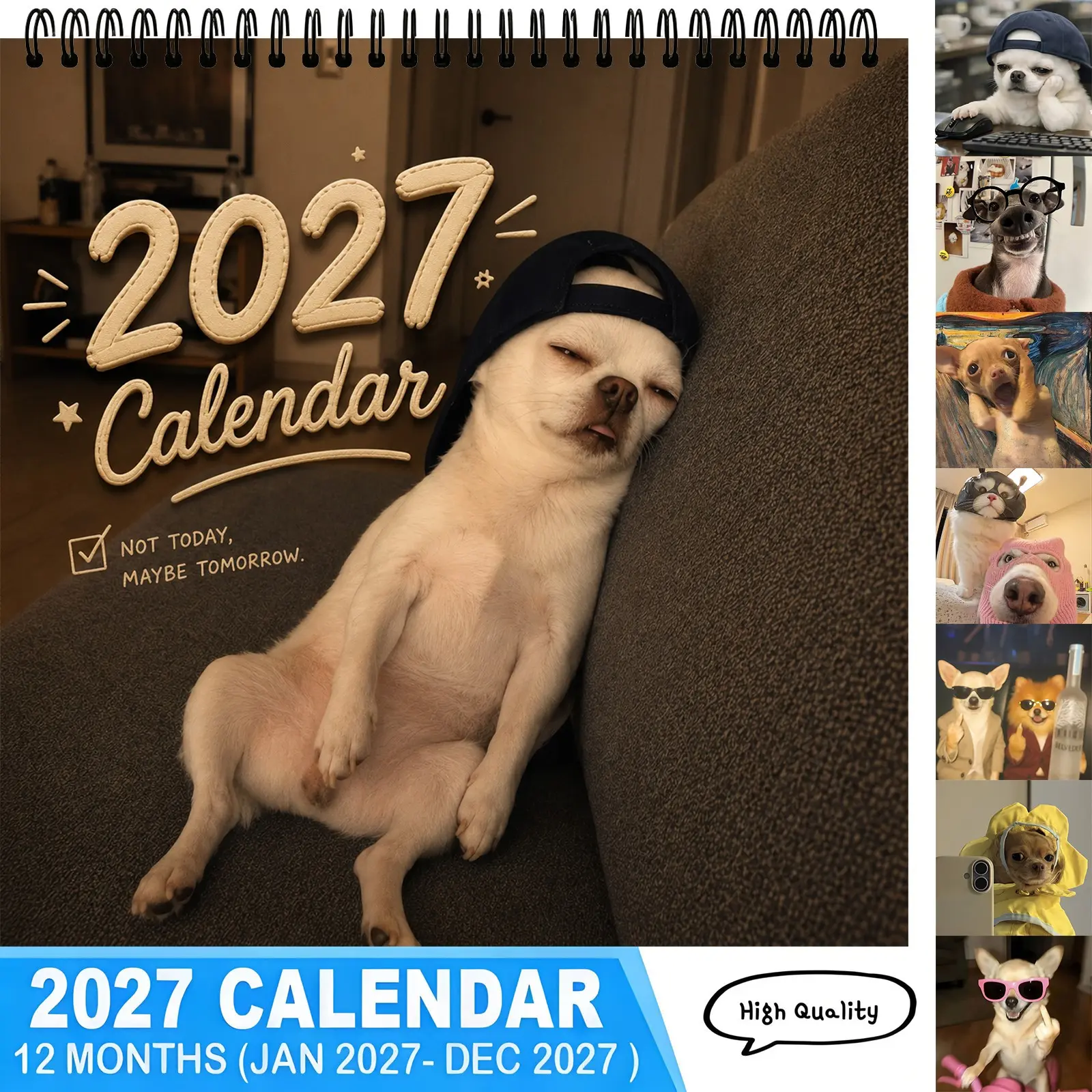 2027 Wall Calendar, 12 Months Jan‑Dec Hilarious Chihuahua Dog Meme Illustrations Calendar, Aesthetic Home Office Wall Decoration, Novelty Holiday Gift for Dog Owners & Pet Lovers
