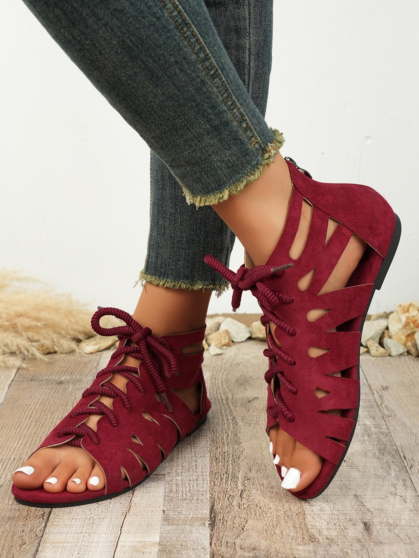 Cutout Lace-Up Gladiator Sandals for Women, Summer Open Toe Flat Sandals, Vintage Boho Versatile Beach Shoes