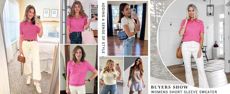 Goranbon Women's Cable Short Sleeve Sweaters Tops Solid Lapel V Neck Knit Casual Soft Pullover Shirt