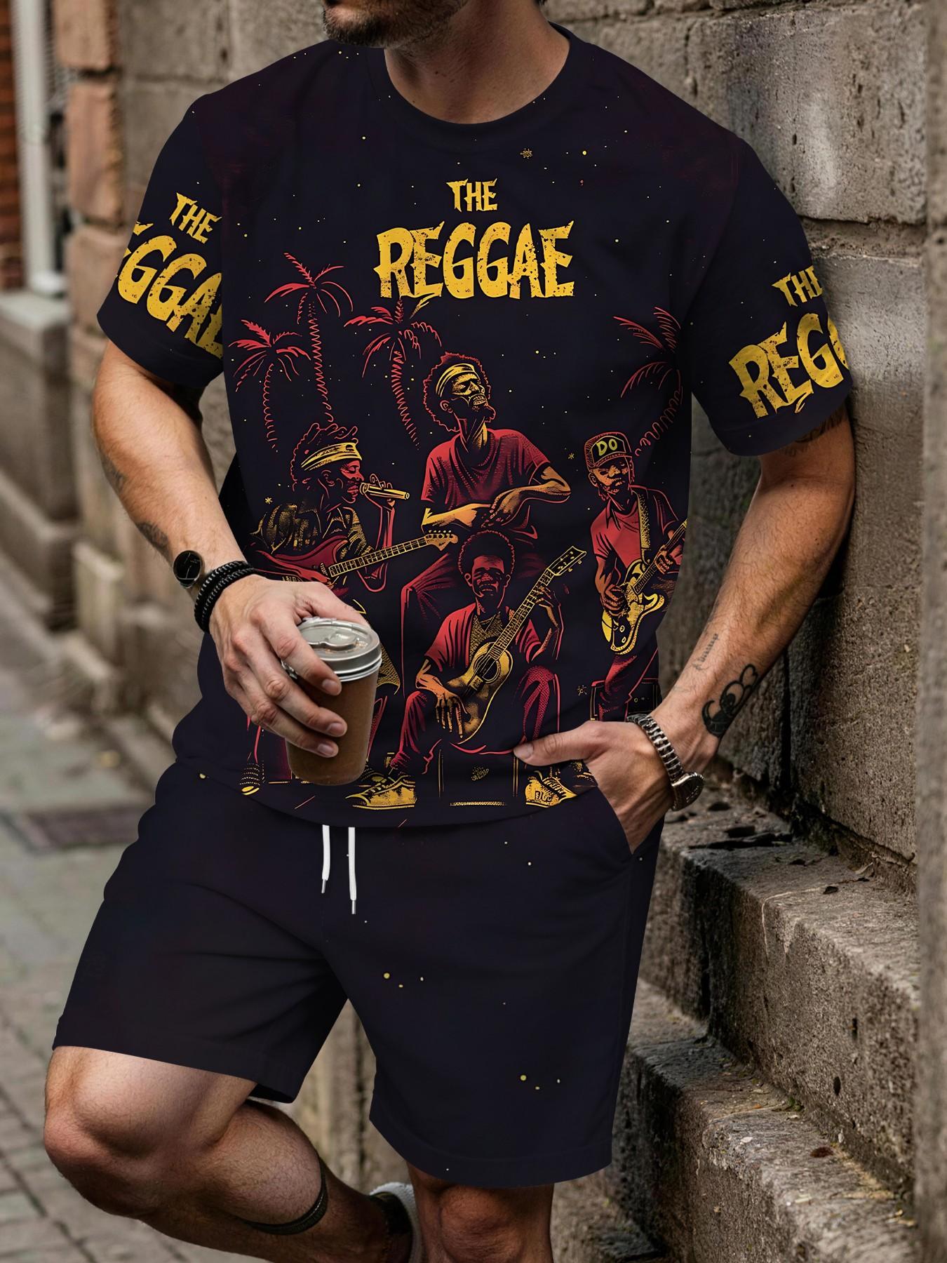 Men's 3D Digital Print Two-Piece Set, Reggae Band Character Print Trendy Men's Set, Vacation-Style Trendy Outfit, Breathable Sporty Leisure Style, Perfect Festival Gift for Men