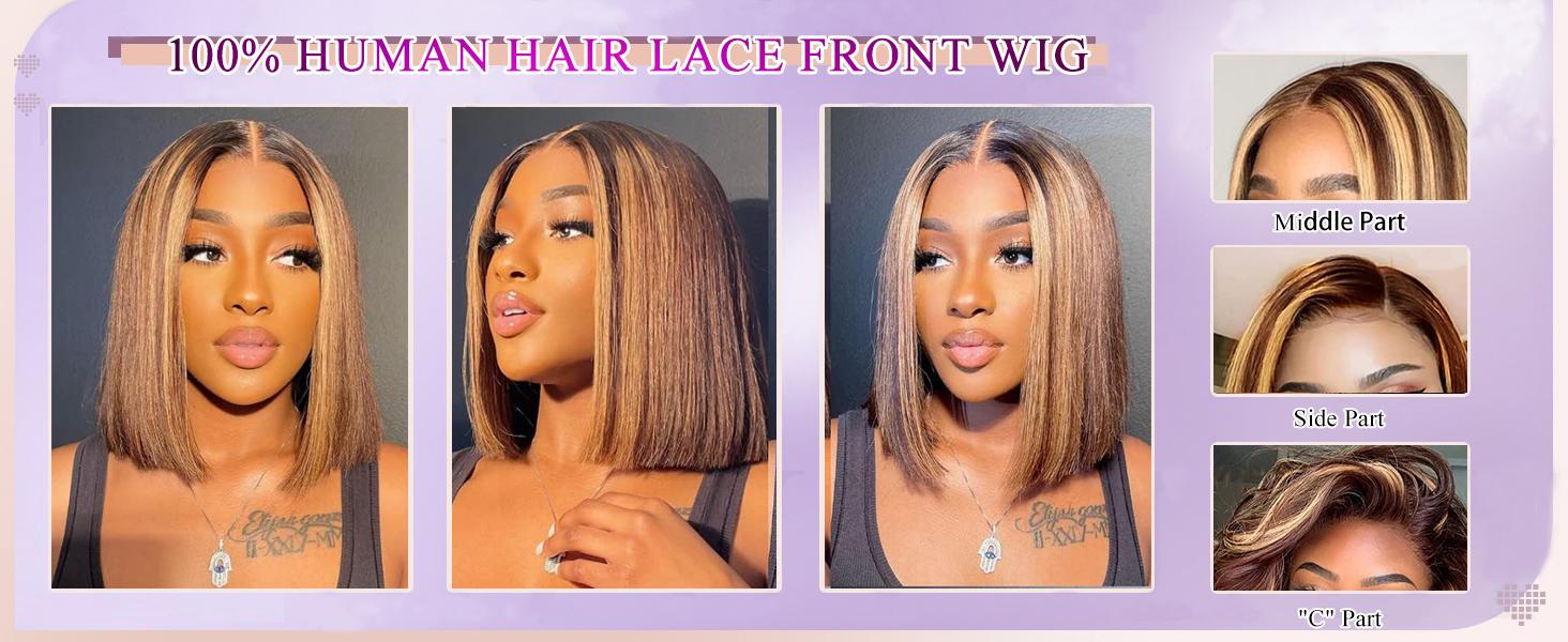 Nerkre Bob Wig Human Hair Highlight Ombre 13x4 Lace Front Wigs 4/27 Honey Blonde Wigs Human Hair