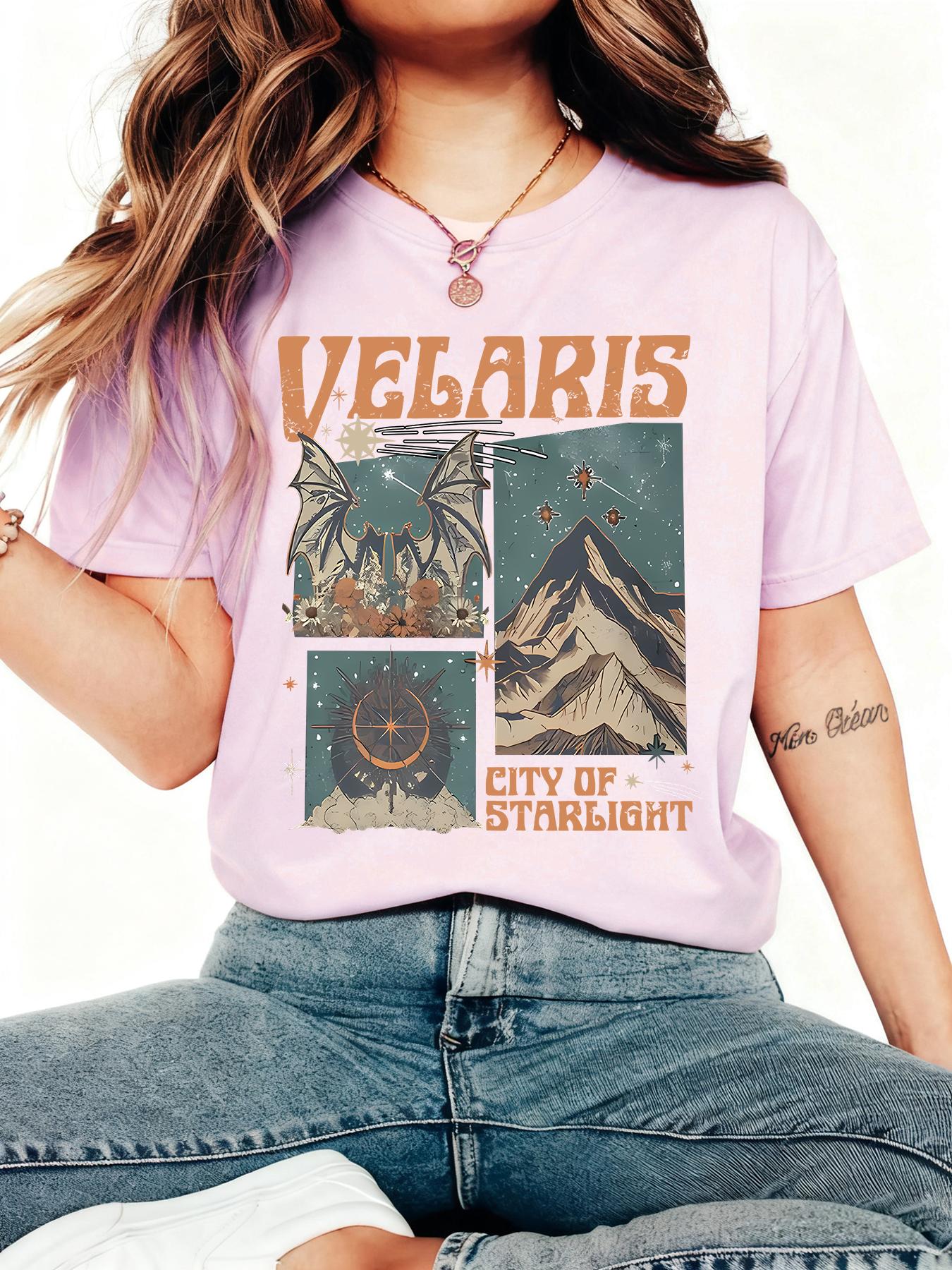 Women's Velaris City Of Starlight Graphic Print Round Neck Tee, Casual Letter Print Short Sleeve T-shirt for Summer, Ladies Clothes for Daily Wear, Top