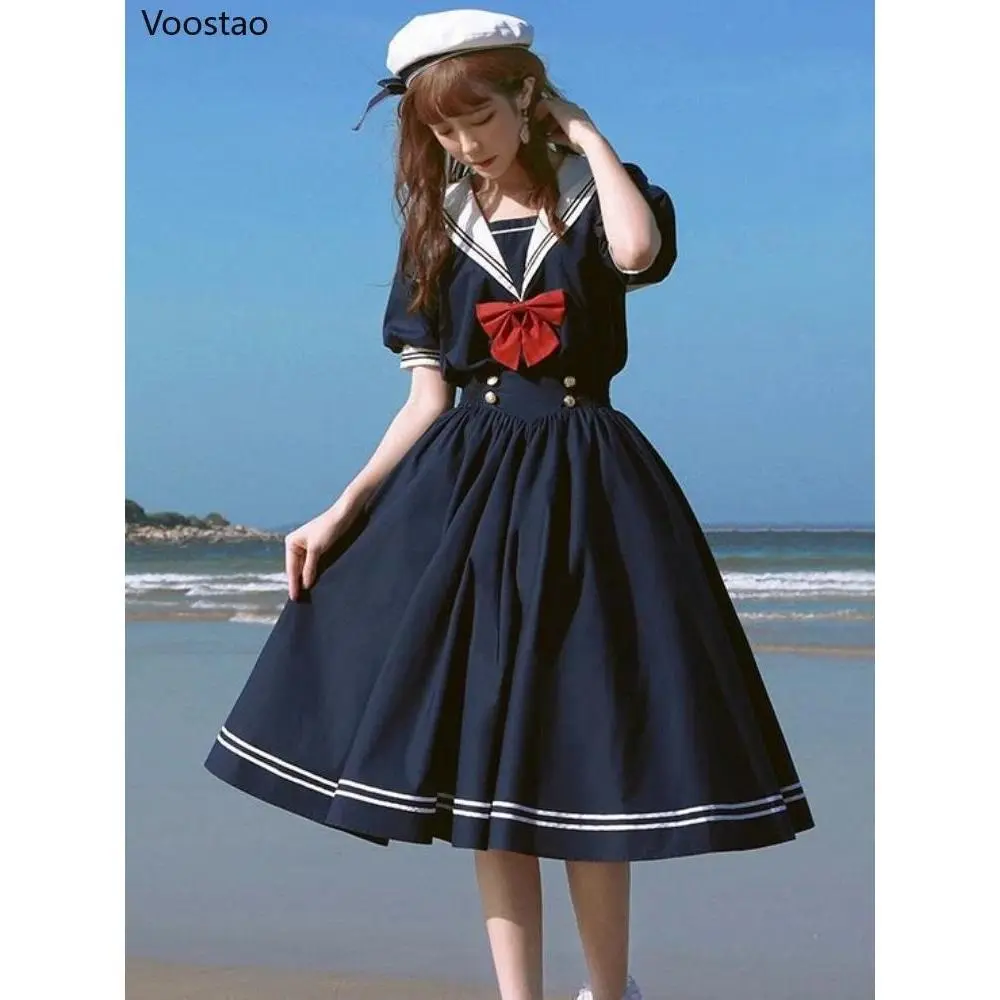 Japanese Soft Sister Cute Lolita Dress Women Sweet Puff Sleeve Slim Student Dresses Party Retro Girls Bow Salior Collar Vestidos