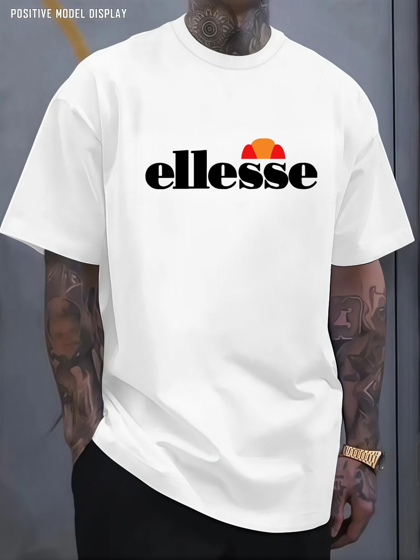 Men's Vintage Street T-Shirt, Fun Letter Ellesse Pattern Print, Loose Round Neck, Lightweight Comfort, Casual Wear for All Seasons