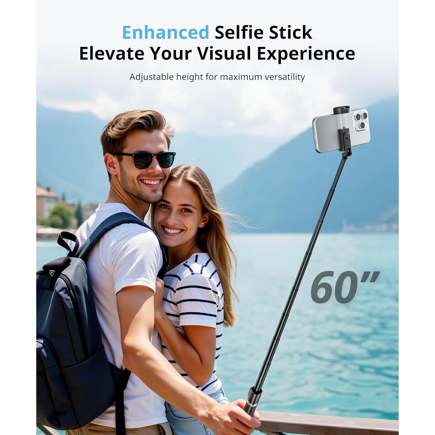 Selfie Stick Travel Tripod for   Remote for Selfies, Extendable Selfie Stick for , iPhoneTripod for Video Recording, 60 inch, Black