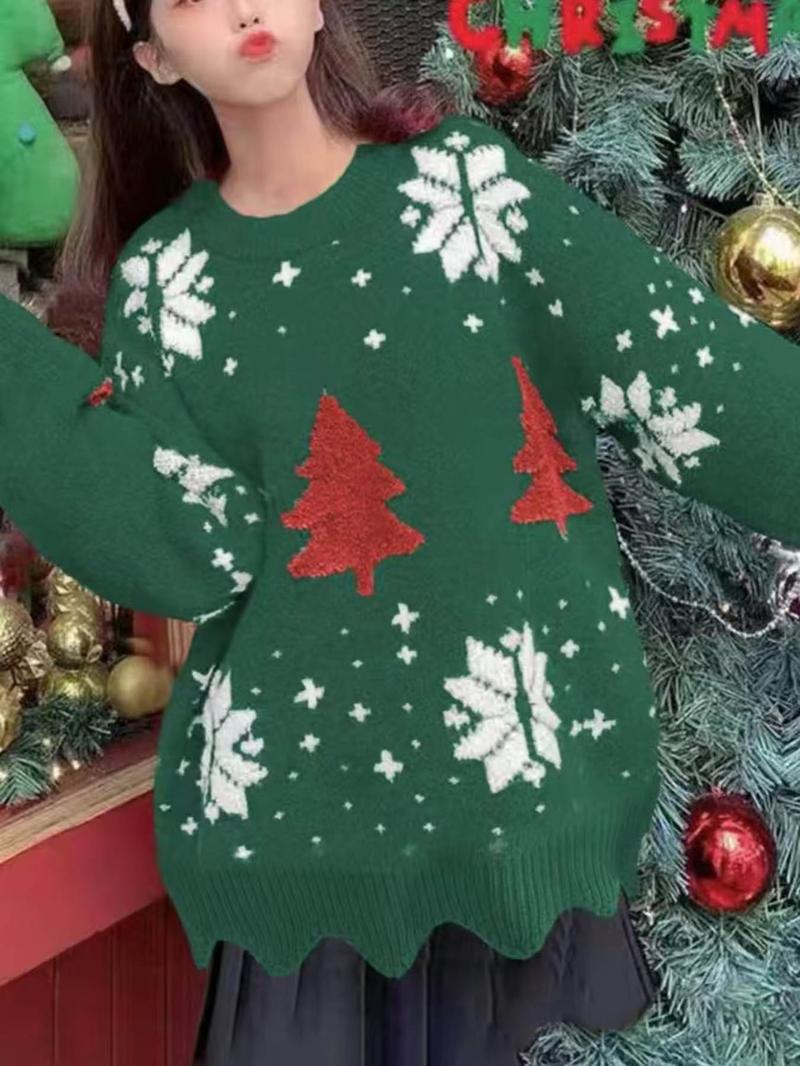 Women's Christmas Tree Print Scallop Trim Drop Shoulder Sweater Pullover, Casual Long Sleeve Round Neck Jumper for Fall & Winter, Ladies' Knitwear for Daily Wear