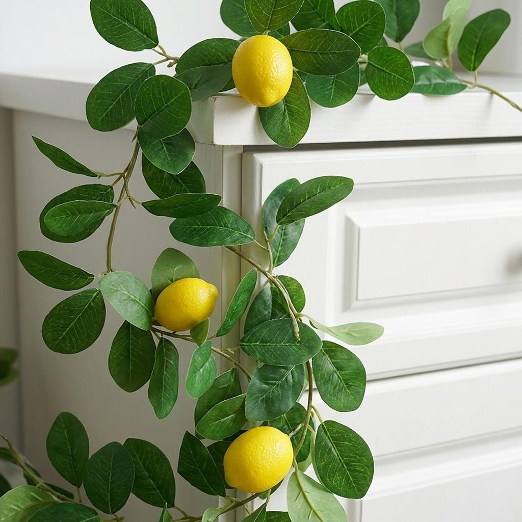6FT Artificial Lemon Garland, Faux Lemon Vine Greenery Garland with Realistic Leaves & 3 Lemons,  Suitable for Kitchen, Wedding, Farmhouse Mantel, Party Background Decor, Maintenance-Free