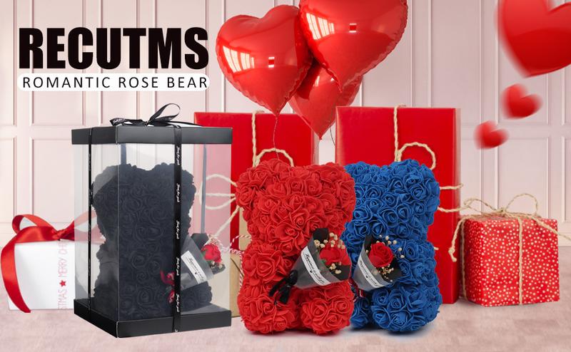 Rose Bear Gifts for Women-Best Gift for Valentine's Day,Mother's Day,Christmas,Birthday,Handmade Artificial Rose Teddy Bear Gifts for Girlfriend,Mom, and Daughters, Artificial Roses Bouquet with Bear Shaped Design,Surprise Clear Gift Box