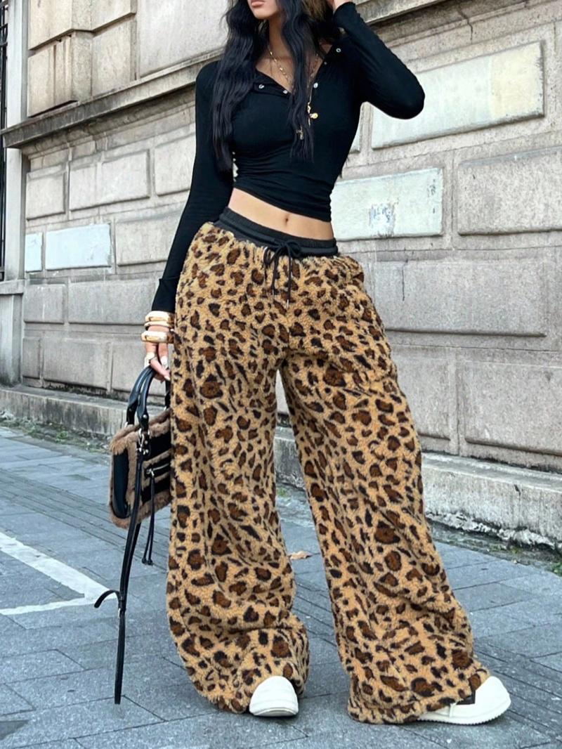 Women's Fall Winter Streetwear Casual Warm Leopard Print Patchwork Loose Wide Leg Pants, Vintage Style Daily Wear, Casual Lounge Pants