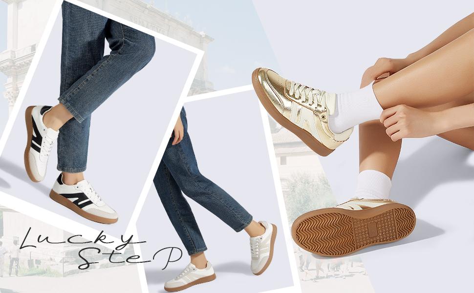 LUCKY STEP Women's Classic Retro Gum Sole Fashion Sneakers Genuine Leather Walking Footwear Anti-Slip Trainers Comfortable & Durable
