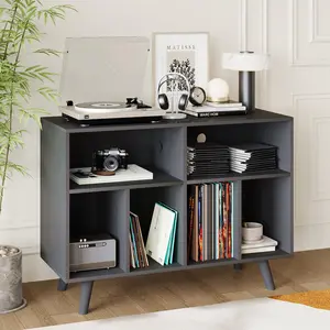 Garvee Record Player Stand with Large Vinyl Storage, 39.5in Wood Turntable Cabinet Holds Up to 350 Albums, Features Charging Station for Living Room, Black Finish