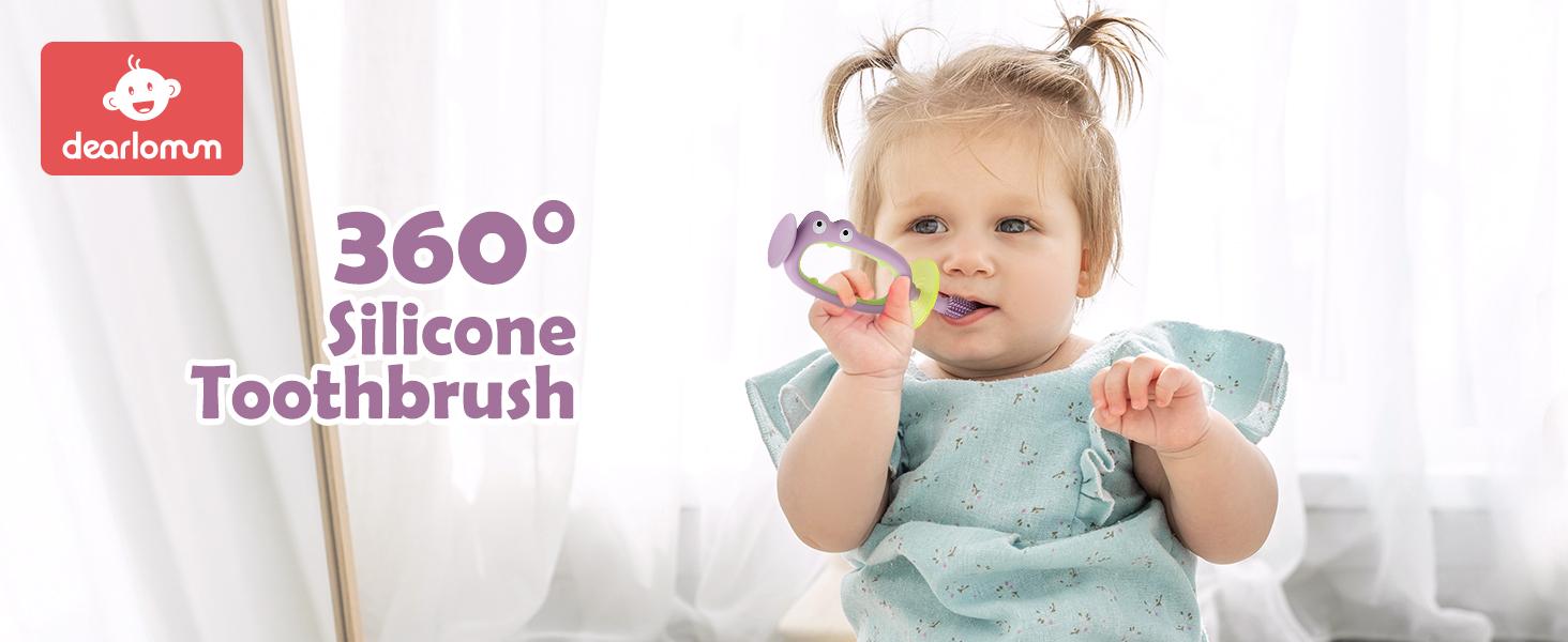360° Baby Toothbrush with Suction Base,Toddler 12 Months up,Infant Oral Cleaner, Baby Tongue Cleaner,Food-Grade Silicone,Adjustable Safety Shield