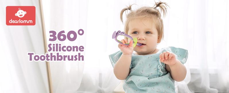 360° Baby Toothbrush with Suction Base,Toddler 12 Months up,Infant Oral Cleaner, Baby Tongue Cleaner,Food-Grade Silicone,Adjustable Safety Shield