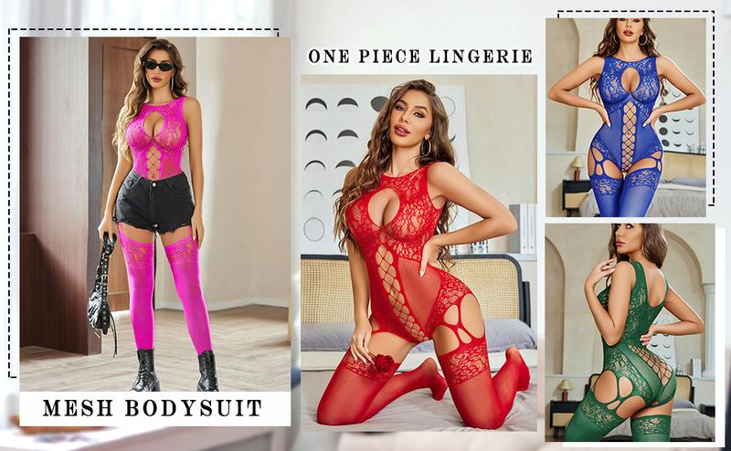 Avidlove Women Lingerie Fishnet Bodysuit Mesh Body Stockings One Piece Glow Party Rave Outfits