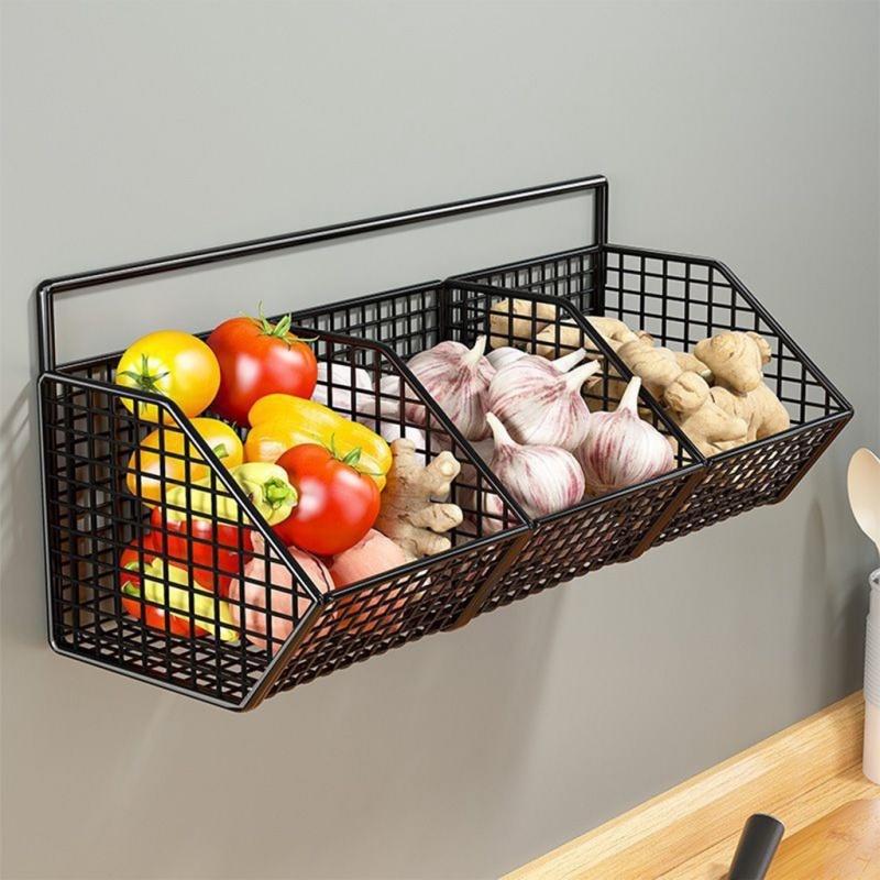 Wall Mounted Ginger Garlic Storage Rack, 1 Count Multi-grid Kitchen Metal Wire Storage Basket, Kitchen Food Storage Organizer, Home Organizer