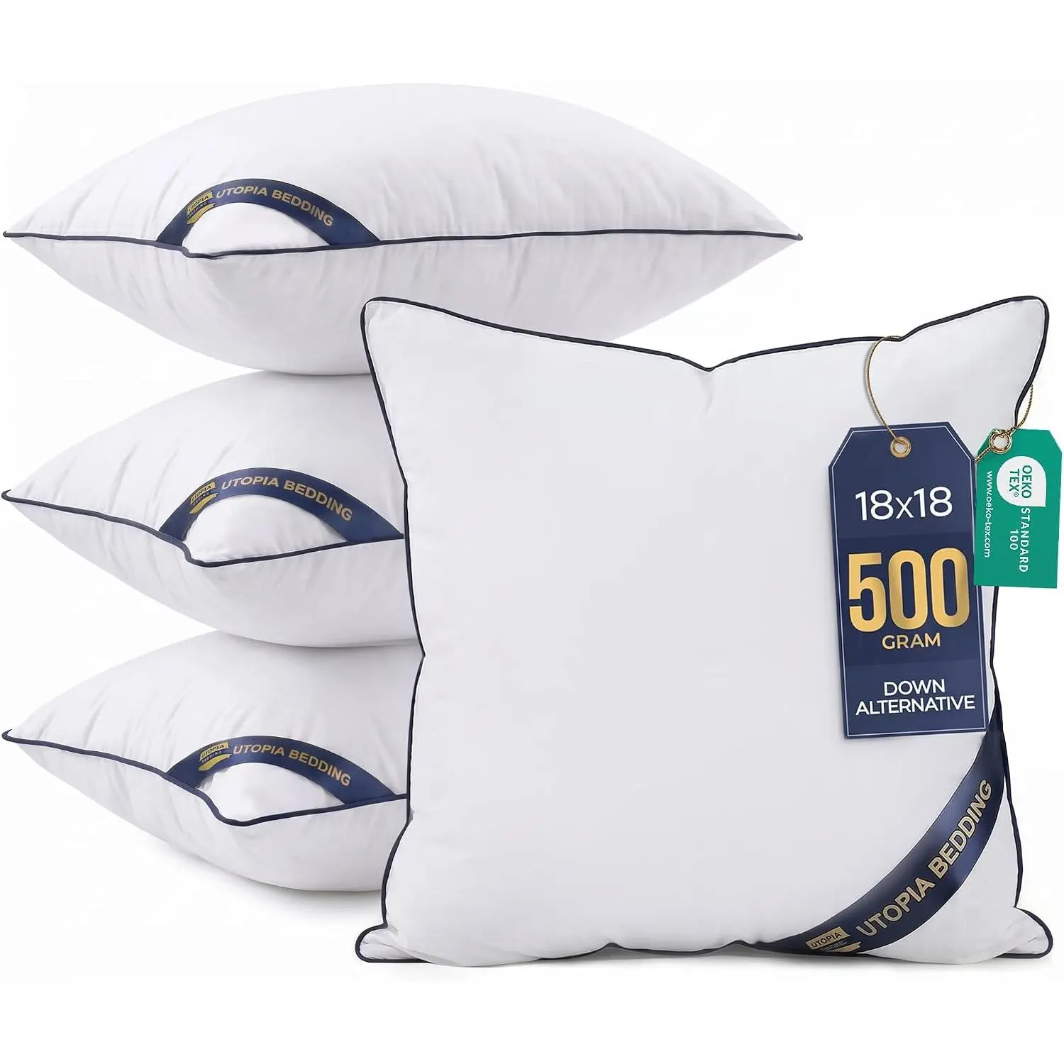Bedding 18x18 Throw Pillow Inserts, Decorative Pillows, Pack of 4 |   Piping Throw Pillows, Plush & Supportive, Cushion Sham Stuffer for Sofa, Office, Couced, Set of 4, White