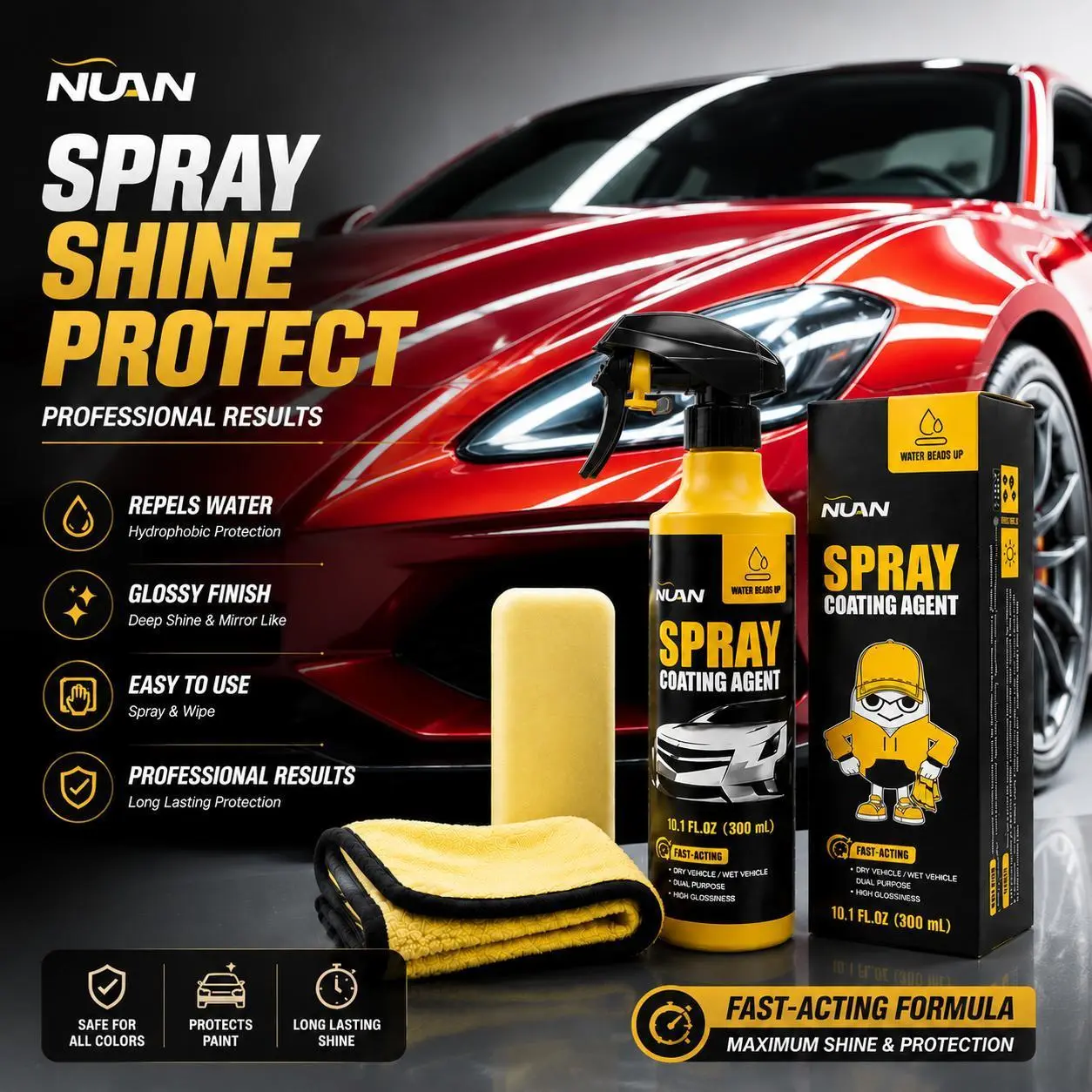 NUAN Nano Car Ceramic Coating Spray - Fast-Acting Quick Effect Coating Agent with Easy Use, Water Beading, UV Protection, Glossy Finish, Long Lasting Protection for Cars, SUVs, Trucks