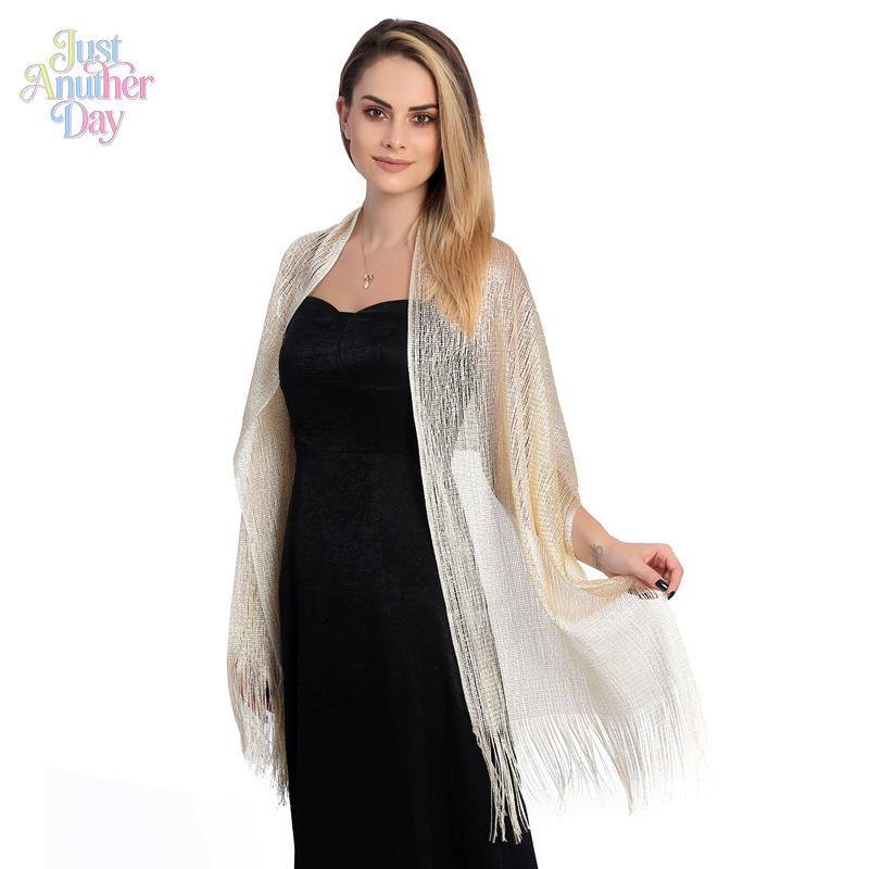 Shimmering Metallic Lurex Evening Shawl with Fringe, Elegant Gold/Silver Sparkly Wrap Stole for Brides, Wedding Guests, Prom & Formal Parties