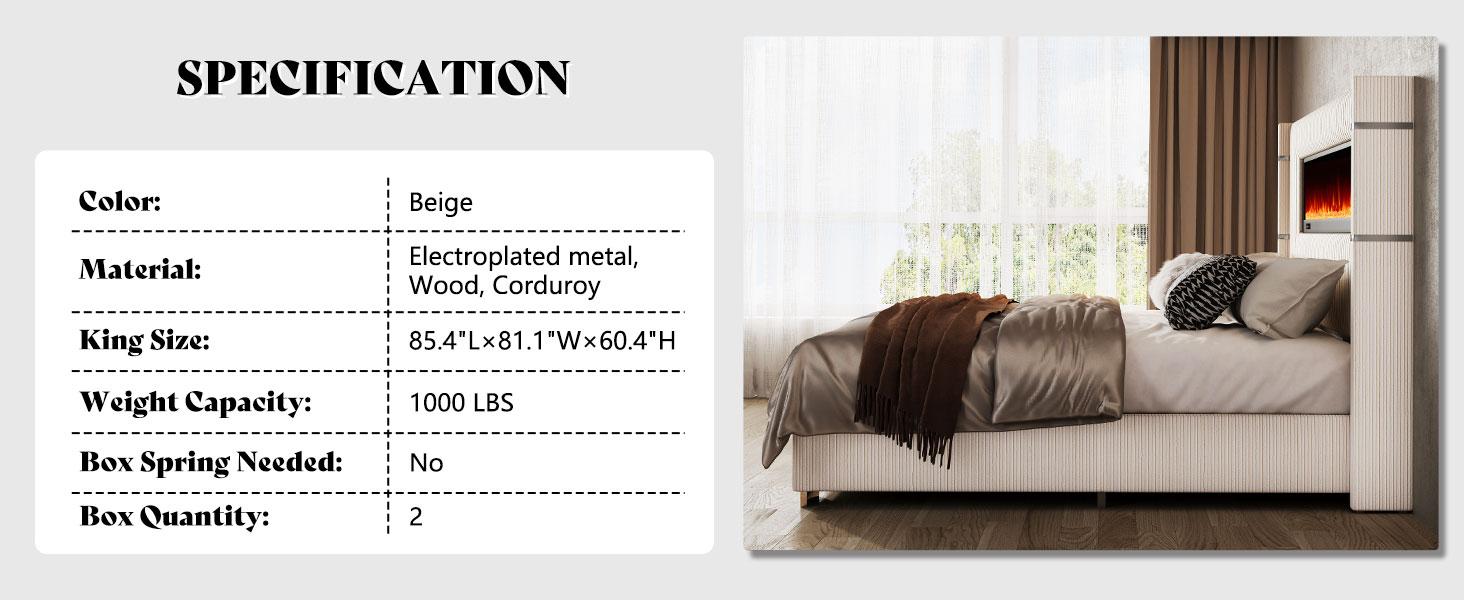 [Ships in 2 Boxes] VanAcc Modern Bed Frame with Electric Fireplace, Wingback Platform Bed Frame with 60.4“ Extra Tall Headboard, Corduroy Upholstered Bed Frame, Wooden Slats, No Box Spring Needed, Adjustable Color, Remote Control