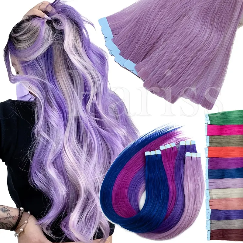 10Pcs‑Per‑Pack Pastel Rainbow Mini Tape‑In Human Hair Extensions for Women, Purple Pink Blue Lavender Straight Invisible Hair, Soft Tangle‑Seamless Blend, Sensitive‑Scalp Friendly, Easy Application & Damage‑Removal for Festival, Halloween & Part