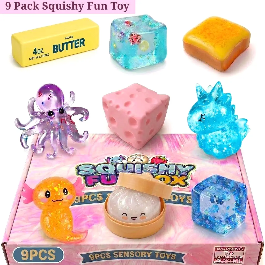 MTS01 9 Pack Soft Squishy Fidget Toy Set, 9 Unique Design Squishy Toy Set for All Ages, Slow Rising & Fast Rebound Silicone Sensory Fidgets, Viral ASMR Desk Toy To Ease Anxiety Stress.Perfect Gift for Teacher's Day, Birthdays,Halloween,Christmas Day,Party