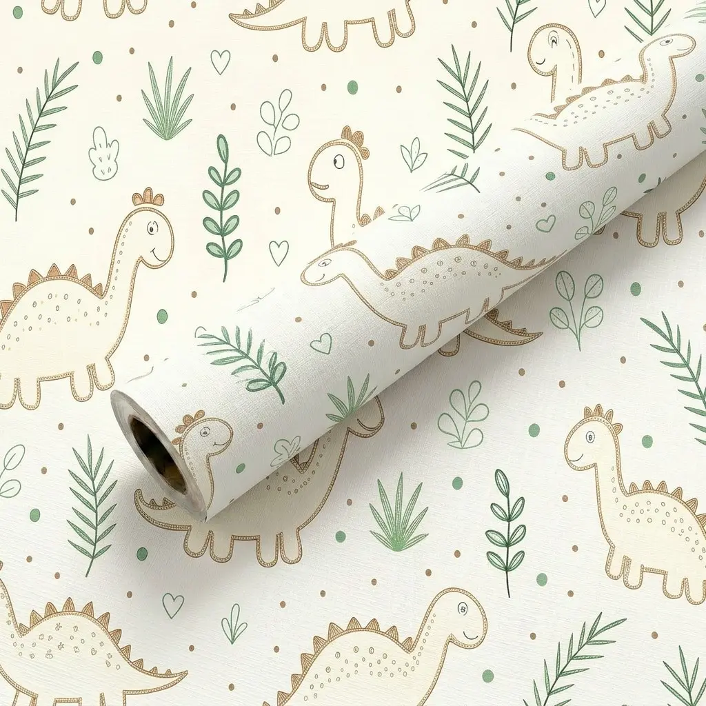 1 Roll 17.5 Inch Self-Adhesive Wallpaper, Minimalist Dinosaur Plant Pattern, Removable Wall Decal for Kids' Room, Boys and Girls Playroom
