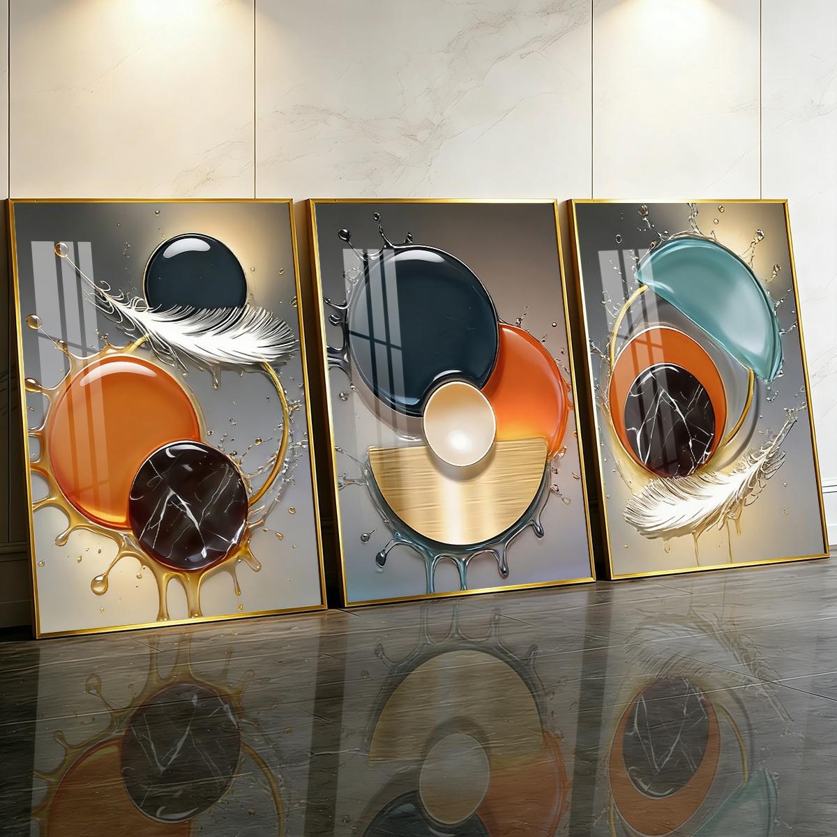 3 Counts Aluminum Alloy Framed Painting, Abstract Color Liquid Splash And Feather Art, Home Decoration For Living Room, Bedroom, Office, Restaurant, Hallway Wall Decor, Odorless Print Artwork, Luxury Perfect Gift For Friends And Family