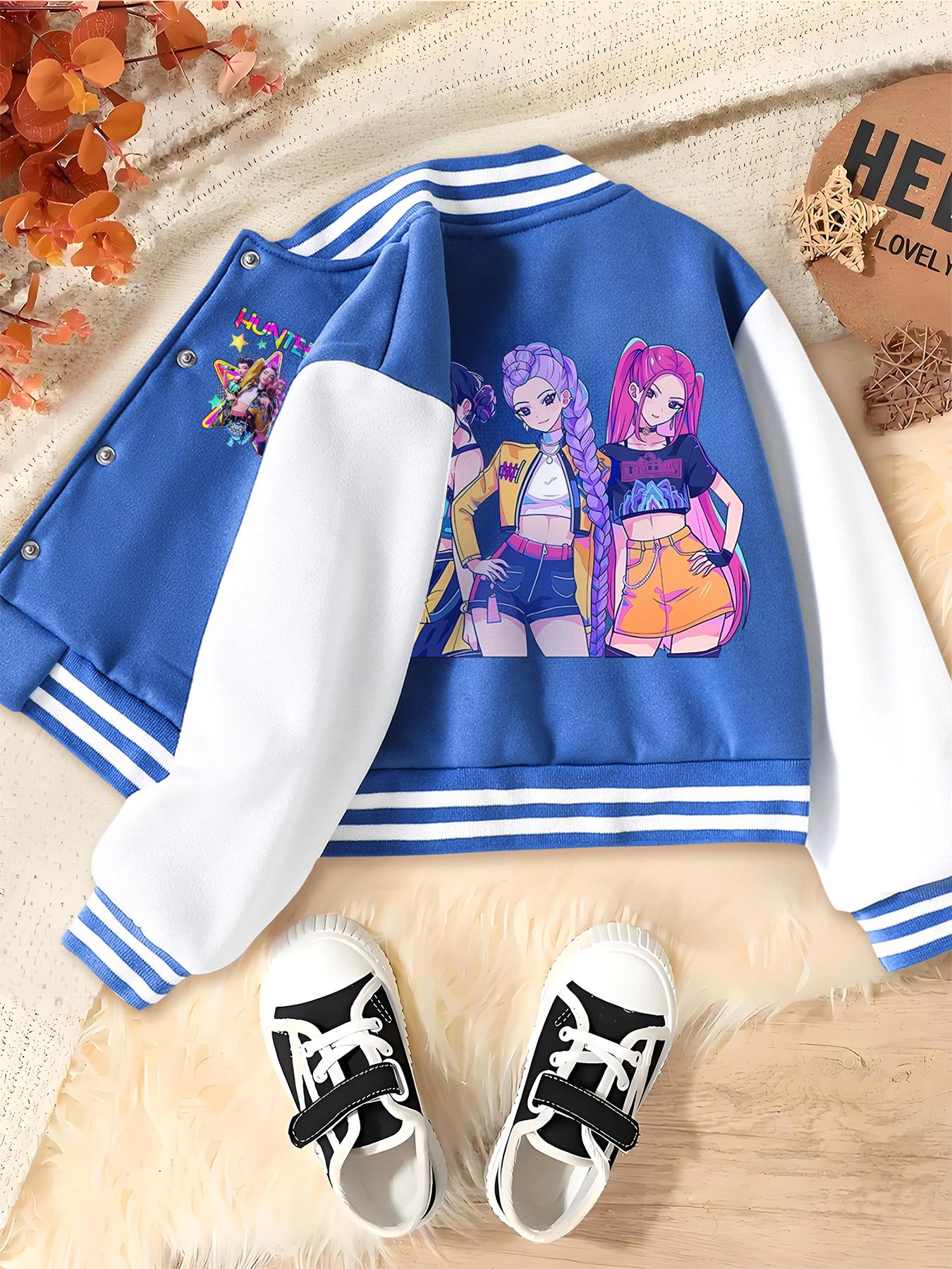 KPOP-Huntress Girl Group  Girls Short Baseball Jacket with Cartoon Design, Fitted Activewear for Kids, Elastic Fabric for Fall & Winter, Trendy School Uniform for Halloween