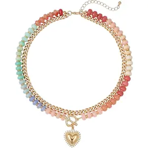 Colorful Natural Stone Beaded Necklace for Women Summer Dopamine Style Double Layered Heart Pendant Toggle Clasp Choker Chain Stackable Layering Statement Necklace