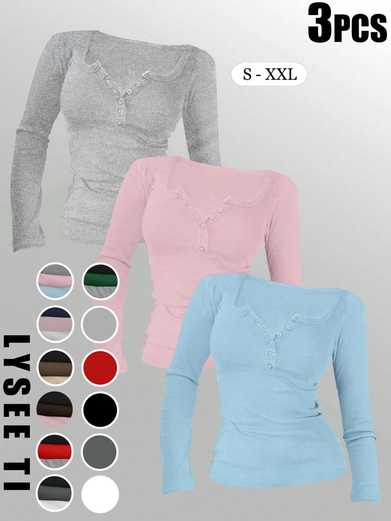 3pcs Autumn And Winter Women'S Casual Fashion Sporty Tee Set, With Multi Button Design, Solid Color Round Neck Long Sleeved Top