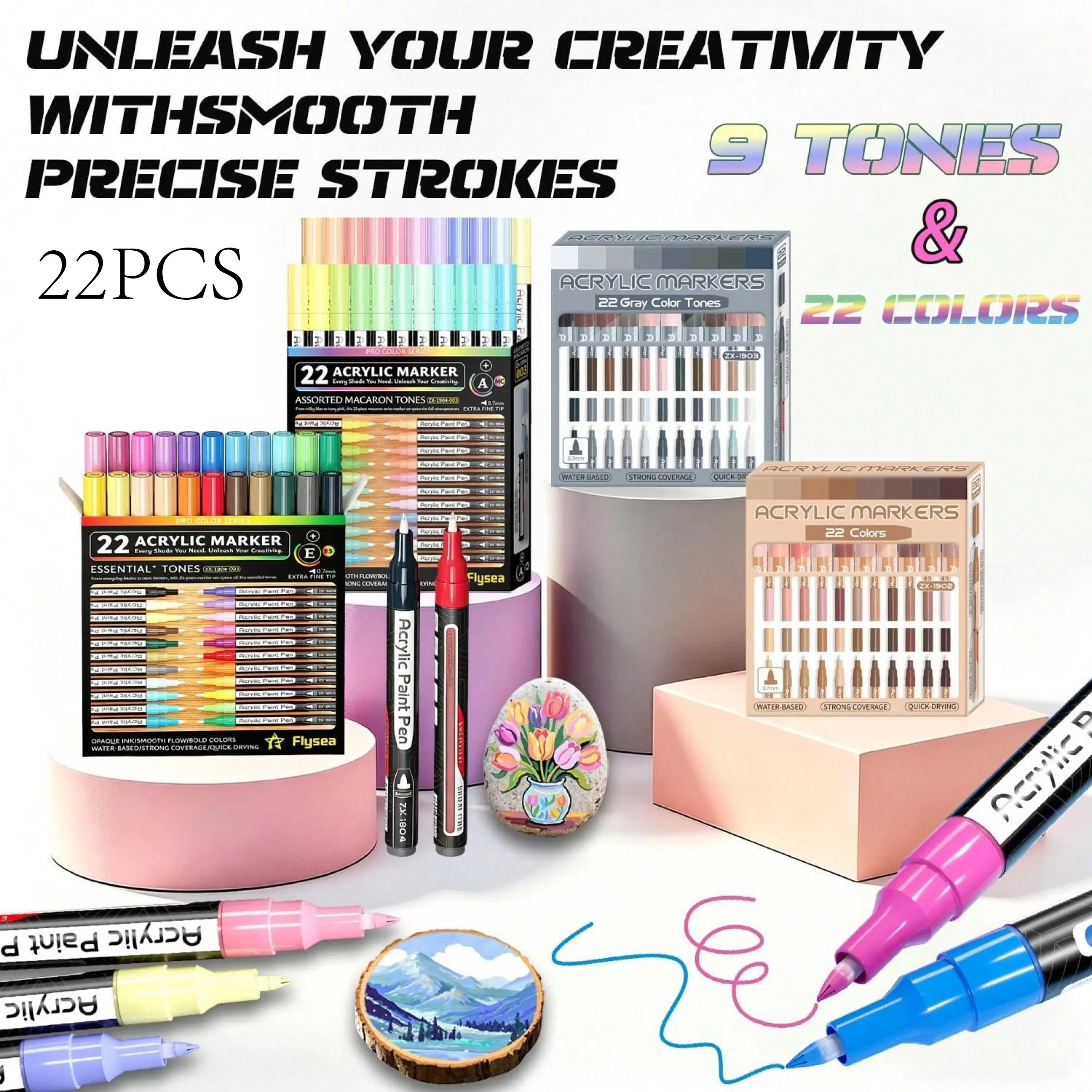 Flysea 22-Pack Acrylic Marker Pens, Gradient Colors, 0.7mm Fine Tip, Ideal for Detailed Drawing, Quick-Dry, Stain-Resistant, Versatile Use