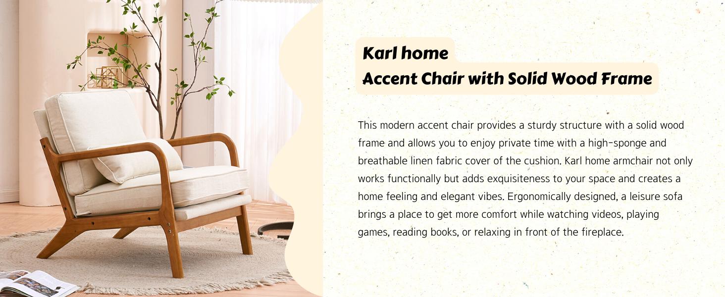 Karl home Accent Chair Mid-Century Modern Chair with Pillow Upholstered Lounge Arm Chair with Solid Wood Frame & Soft Cushion for Living Room, Bedroom, Belcony, Beige