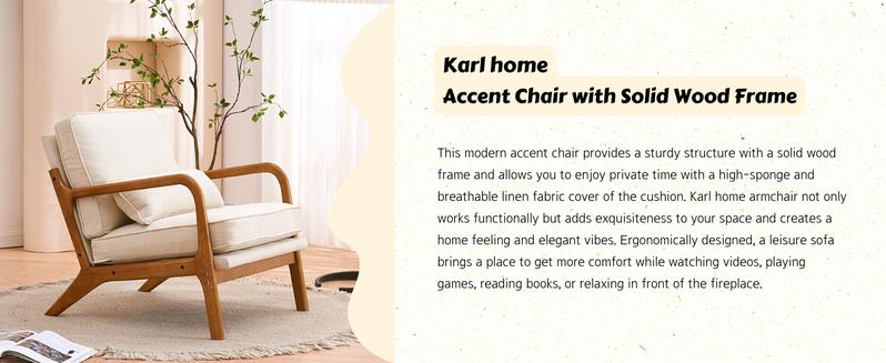 Karl home Accent Chair Mid-Century Modern Chair with Pillow Upholstered Lounge Arm Chair with Solid Wood Frame & Soft Cushion for Living Room, Bedroom, Belcony, Beige