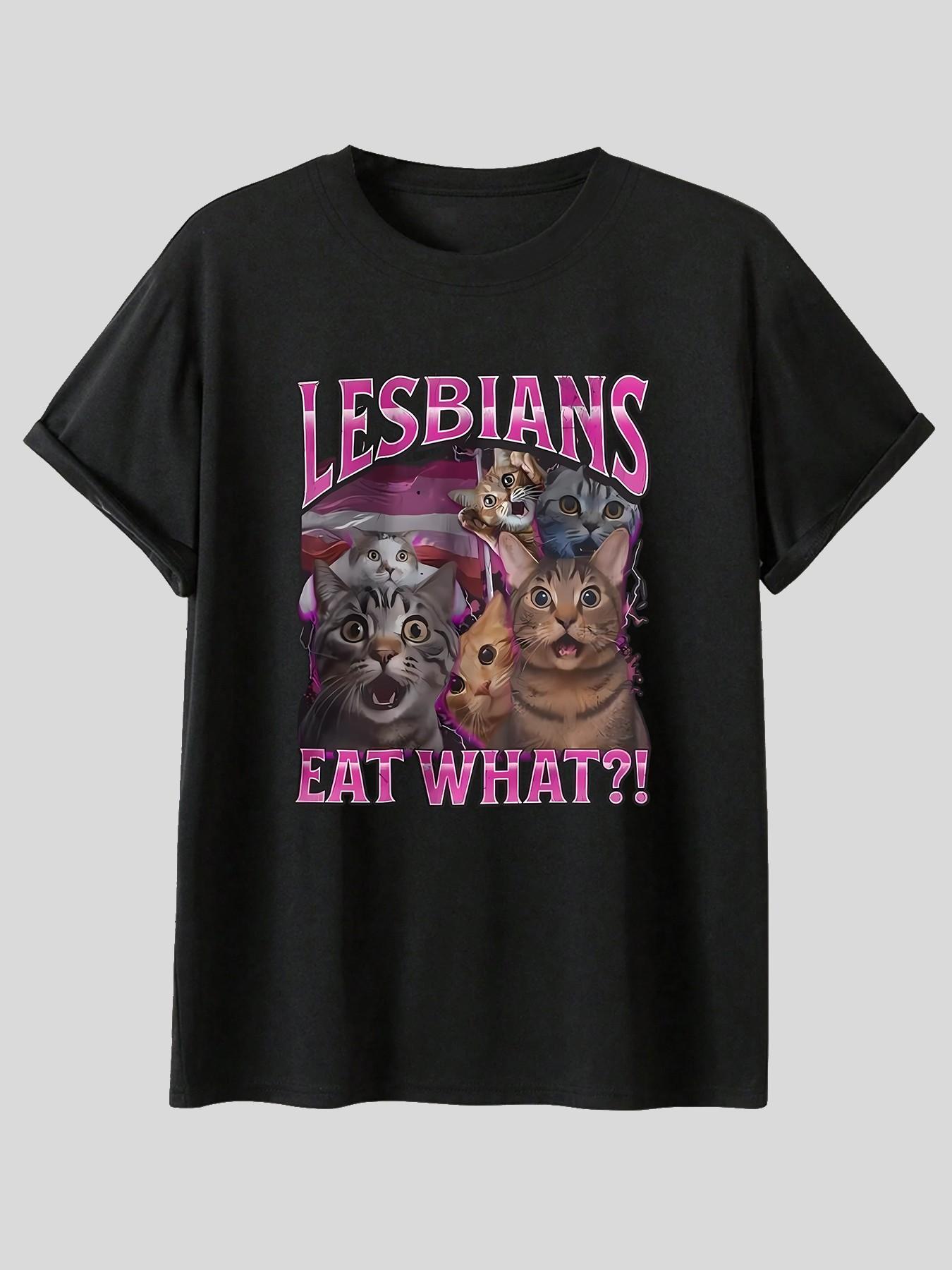 Funny Cat Emoji Print T-Shirt, Eat What? Slogan, Short Sleeve, Summer Loose Fit, Casual Geometric Pattern, All Seasons Top