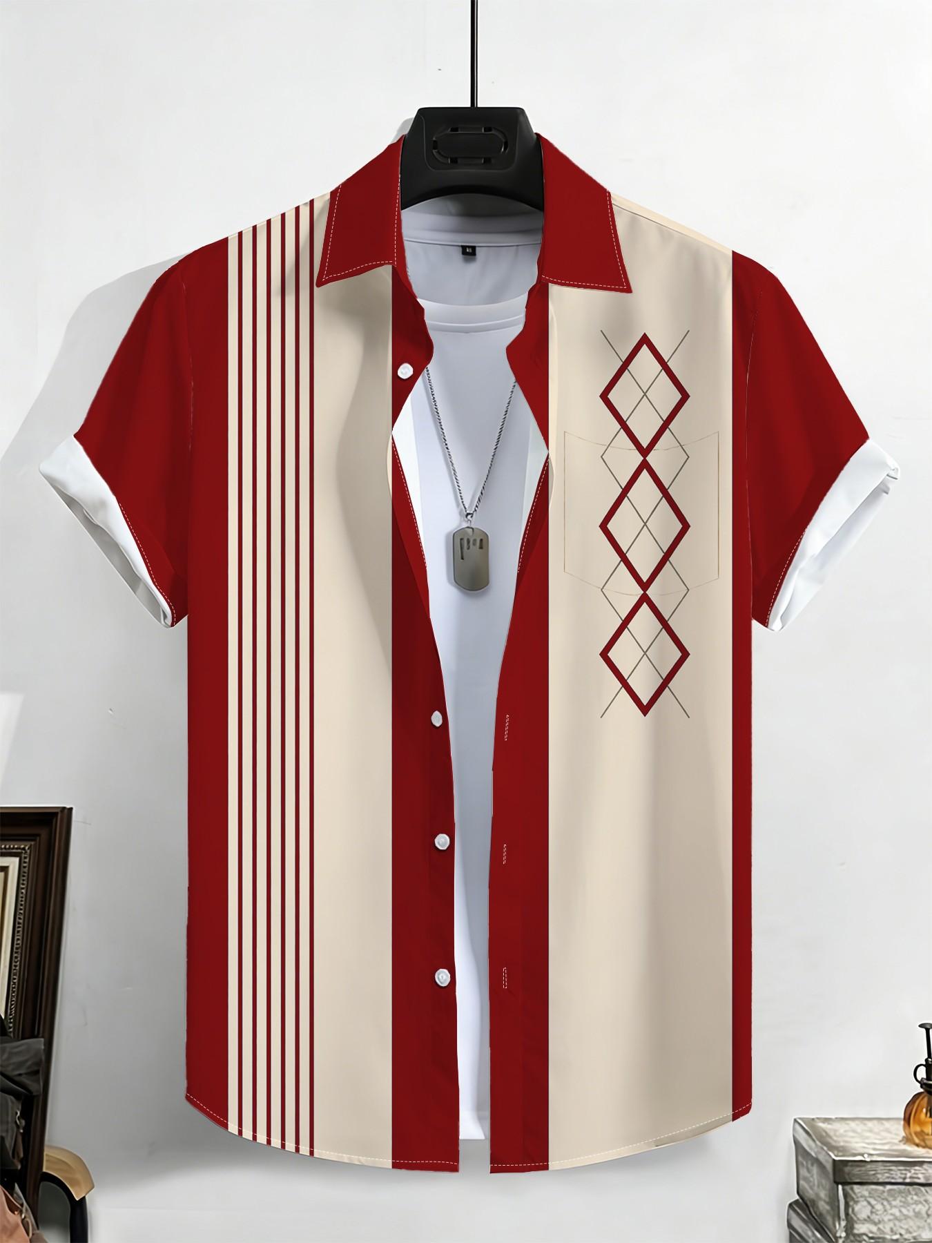 Large Size Men's Block Plaid Striped Shirt, Summer Loose Fit Breathable Short Sleeve Shirt, Vintage Casual All-Over Print Top